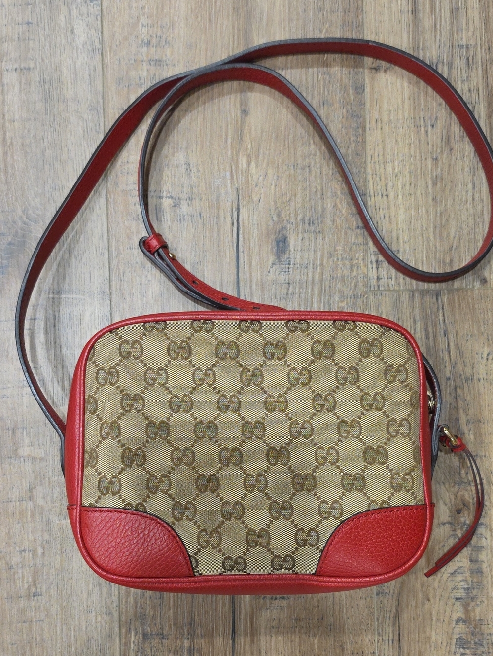Gucci Beige GG Canvas Crossbody with Red Leather Trim